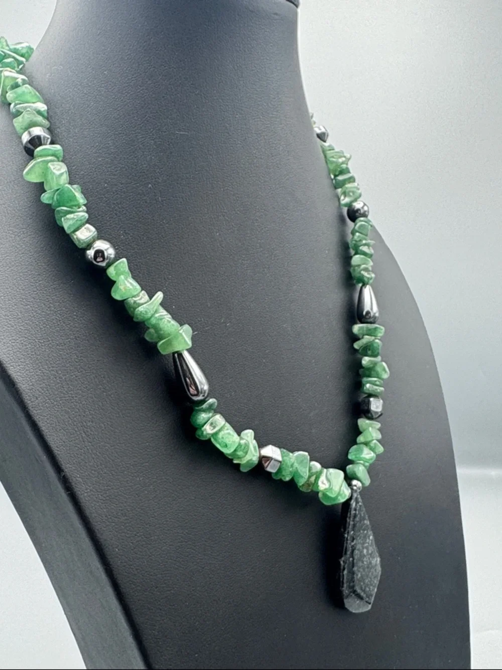 Green Gemstone Chip Necklace with Teardrop Pendant
